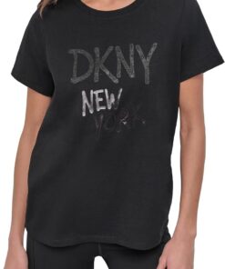 DKNY Damen Rhinestone Graffiti Short Sleeve Relaxed Fit Crew Neck Tee T-Shirt