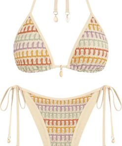 ZAFUL Damen Halter Trangle Bikini Set Cute Woven Texture Sexy Tie-Side Brazilian Style Zweiteiler Badeanzug Bademode (2-Beige,S)