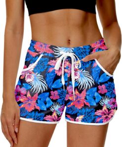 Damen Badehose Sommer Badeshorts High Waist Boardshorts mit Bund und Taschen