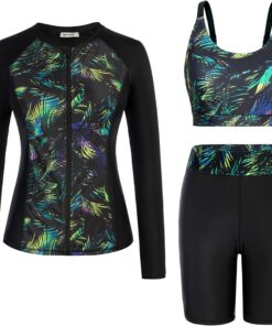 GRACE KARIN Damen 3 Piece Badeanzug Langarm Badeanzug mit Reißverschluss Elegant Tankini Set mit Jacke Surfkleidung
