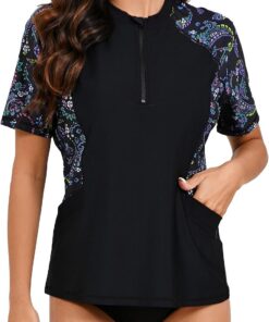 Halcurt UV Shirt Damen mit BH und Tasche 1/4 Zip Rash Guard UPF 50+ S-XXL | Sonnenschutz Schwimmshirt Kurzarm, Atmungsaktiv, Nur Schwimmoberteil, Raglan Ärmel