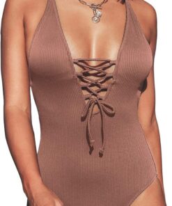 CUPSHE Damen Badeanzug mit Schnürung Plunge Einteiler Gerippte Einteilige Bademode Swimsuit