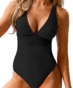 CUPSHE Badeanzug Damen V Ausschnitt Raffung Gerippte Bademode | Figurformend,Struktur Twist Rücken,Bequeme Passform,Mittlere Bedeckung, Für Strand und Pool
