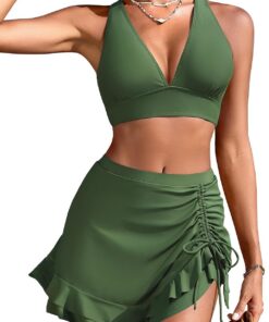 Bikini Damen Set High Waist Bauchweg Bikini mit Rock Zweiteiliger Badeanzug Sex V-Ausschnitt Push Up Padded Bademode Schwimmrock Strandurlaub