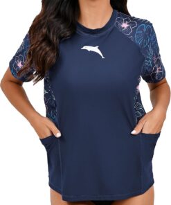 Halcurt UV Shirt Damen Kurzarm mit BH und Tasche UPF 50+ Rash Guard S-XXL | Sonnenschutz Schwimmshirt, Atmungsaktiv, Schnell Trocknend, Nur Schwimmoberteil, Raglan Ärmel
