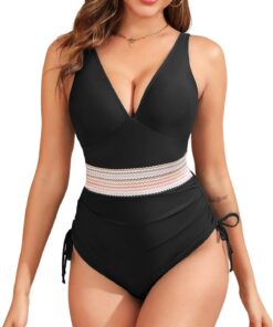 Badeanzug Damen Bauchweg Bademode Damen Sexy V-Ausschnitt One Piece Swimsuits Mit Bügel Swimwear Einfarbig Gestreiftes Design Schlank Machend Und Abnehmend