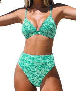 CUPSHE Damen Bikini Set Triangel Wellenkante High Waist Texturierter | V Ausschnitt, Figurschmeichelndes Strukturmaterial, Verstellbare Träger, Raffung am Rücken, Perfekt für Strandurlaub