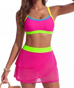 Hanna Nikole Bikini Damen Set,High Waist Bauchweg Badeanzug | Zweiteiliger, Push Up Bademode, Neon, Color Block, Transparenter Mesh Bikinirock