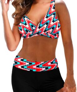 Singular-Point Damen Sport Bikini Set Push Up Badeanzug Zweiteiler V-Ausschnitt Shaping Bademode Hoher Taille Bauchweg Badeshorts Bunt Muster Badebekleidung Neckholder Swimsuit Kordelzug