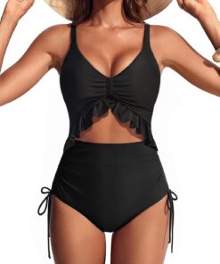 Hanna Nikole Sexy Damen-Einteiler mit Rüschensaum, herausnehmbaren BH-Einlagen, Bauchkontrolle und -formung, verstellbaren Schulterträgern, Cut-Outs, Bauchfalten und verstellbaren Seitenbändern