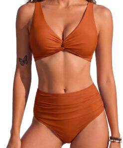 HORISUN Vintage-Bikini-Set mit hoher Taille und Bauch-Weg-Effekt | V-Ausschnitt,Twist-Design,Verstellbare Träger,Rücken-Schleife,Retro-Stil,für Pool & Strand