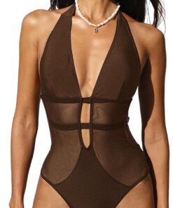 CUPSHE Badeanzug Damen Tiefer V Ausschnitt Neckholder Netz Riemchen