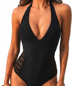 CUPSHE Damen Badeanzug Einteiler V Ausschnitt Selbstbindend Mesh Einsätzen | Verstellbare Neckholder-Träger, Raffung am Bauch, Mesh-Einsätze, V-Ausschnitt, selbstbindend, Strand und Pool