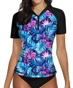 BesserBay UV Shirt Damen mit Reißverschluss Schwimmshirt Kurzarm Rashguard Women Atmungsaktiv UV-Schutz Badeshirt S-XXL