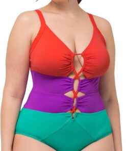 Ulla Popken Damen große Größen Übergrößen Plus Size Badeanzug, Colorblocking, Softcups, Aussparungen, recycelt 826476
