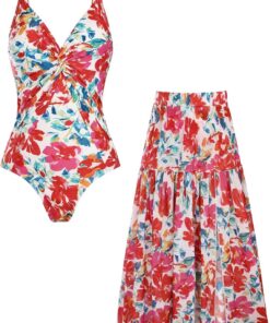 GRACE KARIN Damen Monokini, V-Ausschnitt mit Blumenprint, 2-teiliges Badeanzug-Set mit Schwimmrock und Tummy Control