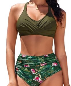 heekpek Damen Zweiteiliger Badeanzug Bauchweg V-Ausschnitt Bikini Damen Set Bademode mit Cross Bikini-Oberteil und Hohe Taille Bikini-Unterteile