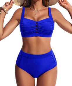 Hanna Nikole Bikini Damen Set, Hohe Taille Bauchweg Badeanzug, Push Up Zweiteiler Bademode, Brust Ausschneiden Sexy Bikinis, Plissierte Elegante Strandmode, Schwimmanzug mit verstellbaren, gekreuzten