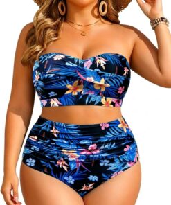 Yonique Zweiteiliger Damen-Badeanzug, Übergröße, hohe Taille, Bandeau-Bikini, Bauchweg-Badeanzug