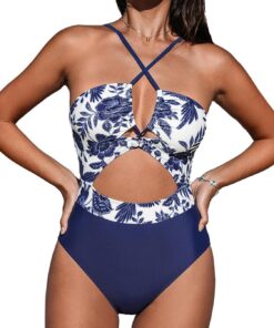 CUPSHE Damen Badeanzug Neckholder Schnürung Tierdruck Cutout Crossover | Einteilige Bademode Swimsuit, V-Ausschnitt mit Cutout, Verstellbare Träger, Überkreuzte Träger im Rücken, Strand & Pool