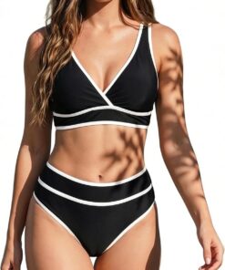 Zweiteiliger Damen Bikini Set, Farbblock Bauchweg Badeanzug Sport Bikini-Sets High Waist Bademode Push Up