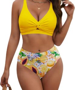 HORISUN Damen Bikini Set, High Waist Twist Front V-Ausschnitt Badeanzug Zweiteiliger Bademode Swimsuit