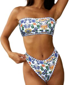 ZAFUL Damen Bandeau Bikini Set Gerippt/Blumen/Boho/Tropical Hoher Beinausschnitt Cheeky Trägerlos Zweiteiler Badeanzug Bademode