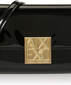 Armani Exchange Woman Liz, patent, Gold Square Logo Cross Body Medium Black