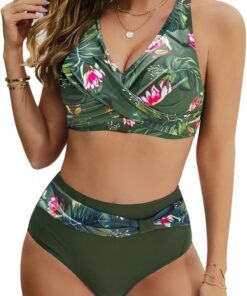 Nadeer Bikini Damen Set Sexy V Ausschnitt Push Up Bikini Zweiteiliger Badeanzug Crossover Hohe Taille Bikini Bademode Strand Bikini