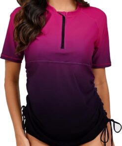 Halcurt UV Shirt Damen Kurzarm Rash Guard 1/4 Zip UPF 50+ Badeshirt S-XXL | Sonnenschutz Schwimmshirt, Verstellbare Seitenbänder, Schnell Trocknender, Atmungsaktiv, Nur Schwimmoberteil, Raglan Ärmel