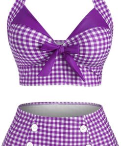 DRESSFO Women's Bikini Set Halter Two Piece High Waisted Swimsuit Plaid Retro Tummy Control Tankini Bathing Suit