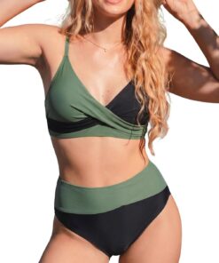 TcIFE Damen Bikini Set V-Ausschnitt Twist-Front High Waist Bauchweg | Damen Bikini Set mit V-Ausschnitt, Twist-Front, High Waist Bauchweg, verstellbaren Trägern Colorblocked, Bauchweg Badeanzug
