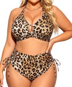 Bikini Set Damen Grosse Grössen Leopard Push Up V-Ausschnitt Bikini Top Große Brüste High Waist Bauchweg Zweiteiliger Badeanzug Set Plus Size mit Verstellbaren Trägern für Strand Urlaub Curvy Bademode