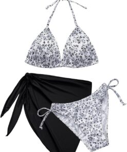 Bikini Damen Set 3 Teiliger Triangel Bikinis Push Up Neckholder Sexy Push Up V Ausschnitt Bademode mit Rock Swimsuit Set