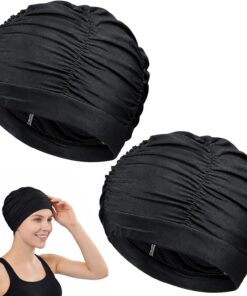 2 Stück Badekappe Damen, Badekappe Damen Lange Haare, Schwimmhaube, Luftdurchlässiges, Elastisches Polyestergewebe Mit Langem Haar, Geeignet Für Strand, Urlaub, Innenpool Usw (Schwarz)