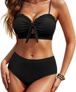 HORISUN Damen Hochtaillierter Bikini-Set, Zweiteiler Badeanzug mit Knotendetail vorne und Rüschenbesatz, Strand-Badebekleidung für Frauen