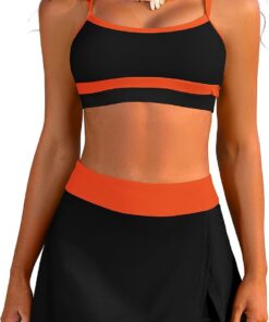 SHEKINI Damen Bikini Set High Waist Baderock mit Sicherheitsshorts Bandeau Bikini Oberteil Farbblock Badeanzug Zweiteiliger Bauchweg Bademode Badeanzugkleid