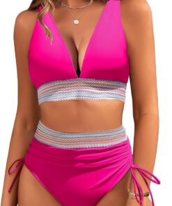 Damen Bikini Set Bauchweg High Waist Badeanzug Push Up Bademode Kordelzug Side Zweiteiliger Badeanzüge Sexy V Ausschnitt Bikinis für Frauen Swimsuits