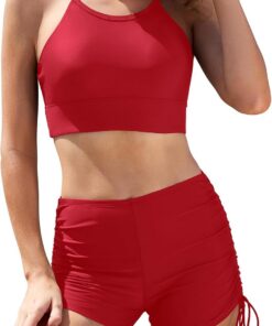 SHEKINI Damen 2-teilige Badeanzüge Crisscross Bikini Top Bauchkontrolle Seite Krawatte Boyshorts