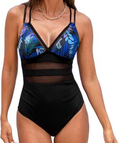TcIFE Badeanzug Damen Bauchweg – Einteilig Schwimmanzug Monokini | V-Ausschnitt, Sheer Netzstoff, Push-Up Bademode Swimsuit