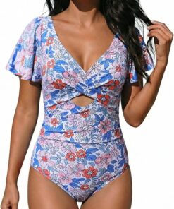 Damen Badeanzug Bauchweg Rüschen One Piece V Ausschnitt Badebekleidung Push up Hoch Monokini mit Bauchkontrolle Swimsuit Cross Swimwear