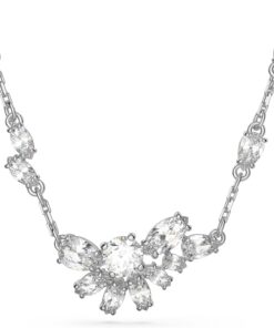 Swarovski Gema Anhänger, Rhodinierte Damenhalskette mit Rosafarbenen, Strahlenden Kristallen