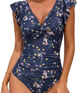 Badeanzug Damen Bauchweg Rüschen V Ausschnitt Bademode, Sexy Rückenfrei Curvy Swimsuit,Mode Blumenmuster Badeanzug Strandpool