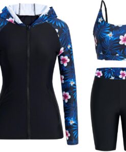 Owntop Damen 3-teiliger Rash Guard | UPF50+ Badeanzüge Kapuzen UV-Shirt | Langarm Reißverschluss Rashguard Shirts & Bikini Top & Hochtaillierte Boyshorts | Schwimmen Surfen Bescheidene Badebekleidung