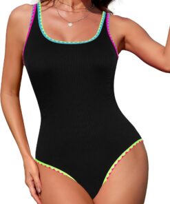 SHEKINI Badeanzug Damen Bauchweg Sport Bademode Sexy Einteilige Swimsuit U-Ausschnitt Bikini Badeanzüge Gerippt Strandmode Neonfarben Schwimmanzug