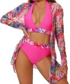 Damen Bikini Set 3 Teiliger Neckholder Luftig Bademode | Luftig Herausnehmbare Polster Strandtunika Schwimmen Strandmode badeanzug,Schnelltrocknend Weich Stretch