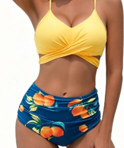 Bikini Damen Set, Bauchweg High Waist Bademode Push Up Shape | Hohe Taille Twist Front Verstellbar Bikini Oberteil V Ausschnitt Cross Back Zweiteiler Badeanzug Neckholder Swimsuit S-XXL