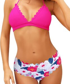SHEKINI Damen Triangle Bikini Set Wellige Bademode Bunt Blumenmuster Badeshorts Sommer Zweiteiliger für Frauen Neckholder Schnürung Badeanzug