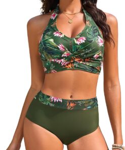 Nadeer Bikini Damen Set Bauchweg Badeanzug Zweiteiliger High Waist Bademode Sexy V Ausschnitt Neckholder Push Up Große Brüste Blumenmuster Swimsuit