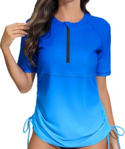Halcurt UV Shirt Damen Kurzarm Rash Guard 1/4 Zip UPF 50+ Badeshirt S-XXL | Sonnenschutz Schwimmshirt, Verstellbare Seitenbänder, Schnell Trocknender, Atmungsaktiv, Nur Schwimmoberteil, Raglan Ärmel